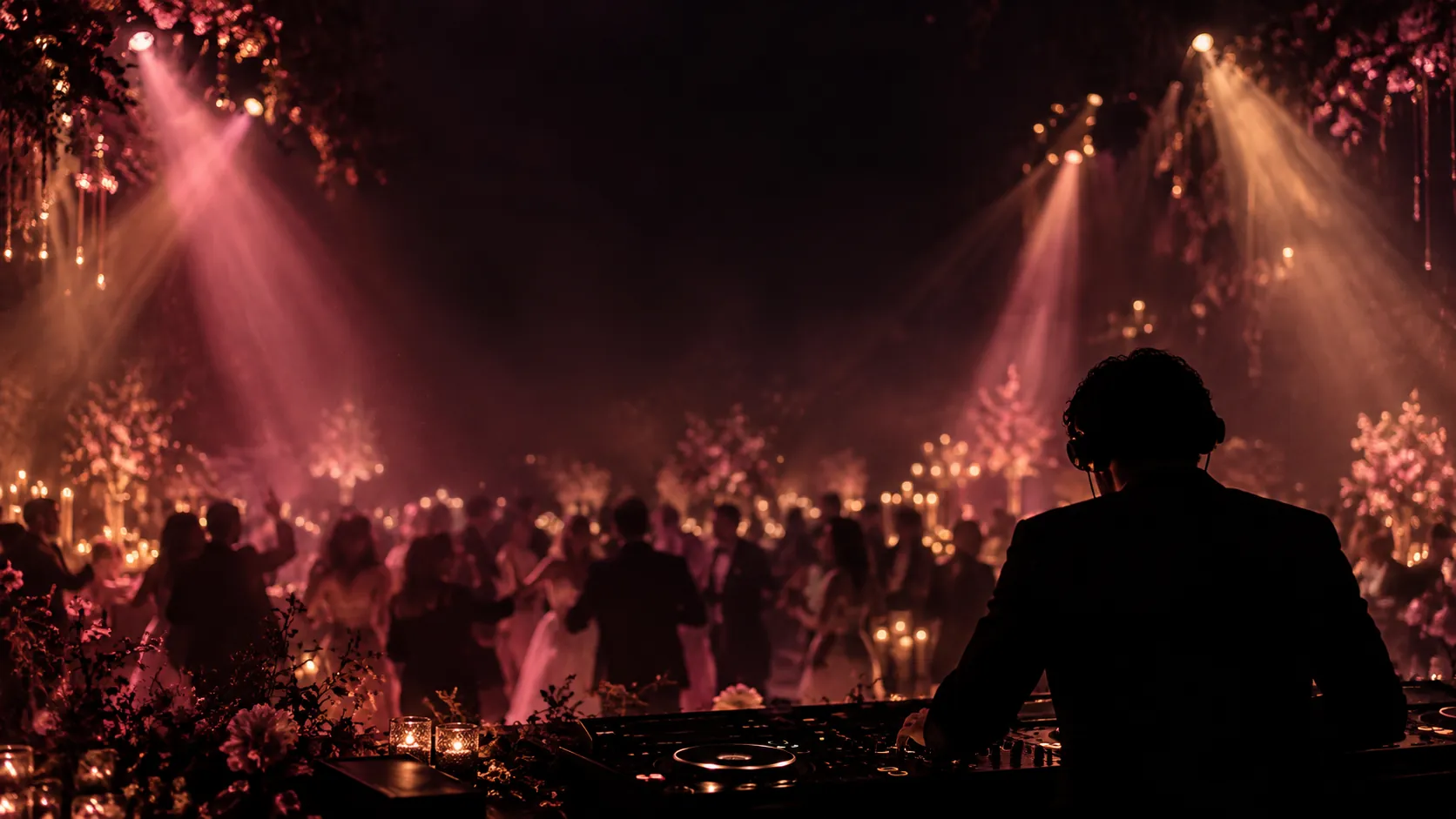 DJ vu de dos derrière ses platines, face à une piste de danse de mariage baignée de lumières rose et champagne