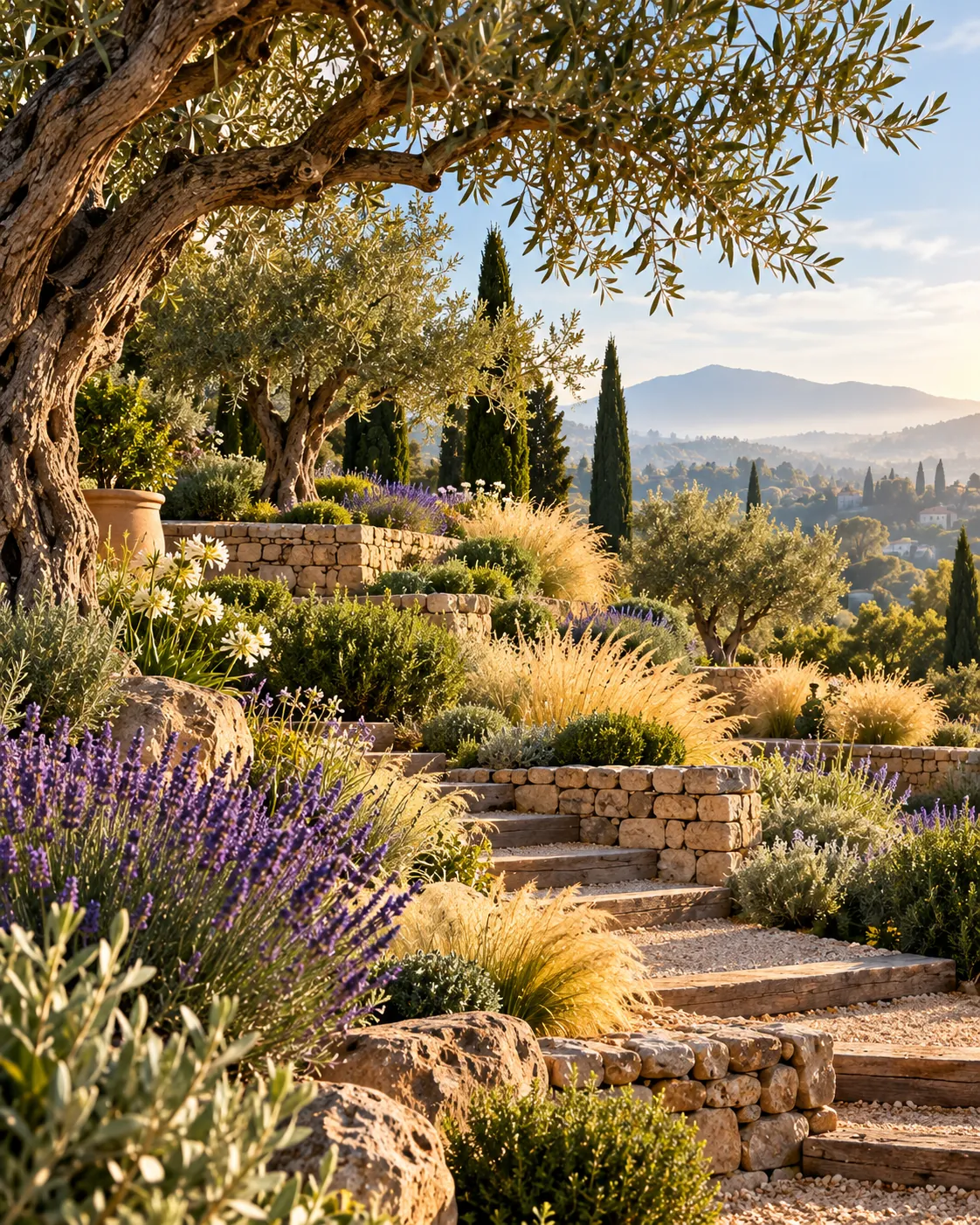 Jardin méditerranéen en restanques : murets de pierre sèche, oliviers anciens, lavandes et graminées dans la lumière dorée