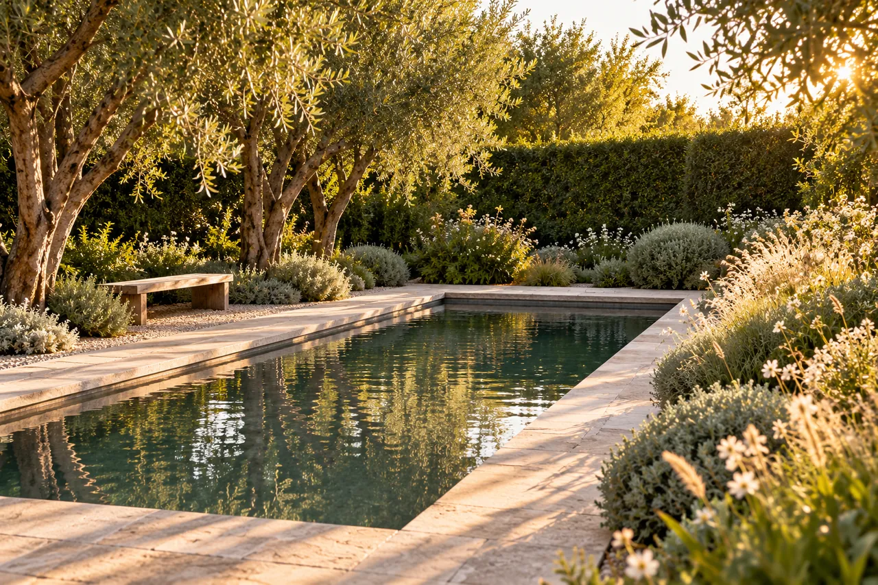Petite piscine à l'eau vert-gris bordée d'oliviers, de massifs argentés et de graminées, fermée par des haies