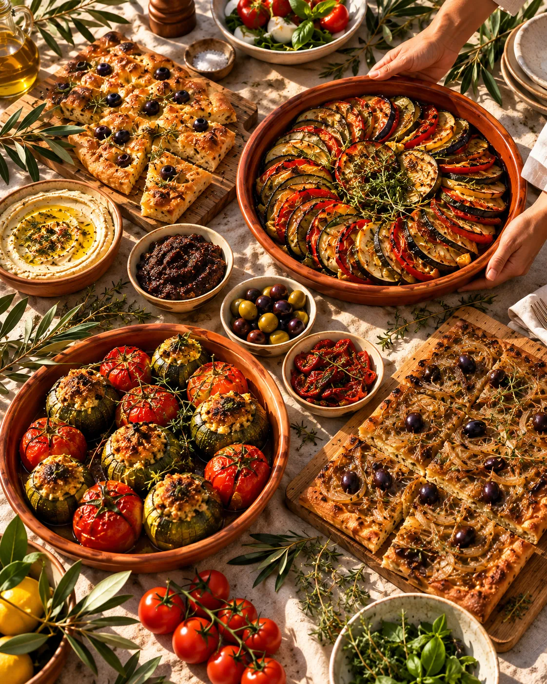 Buffet provençal vu du dessus : tian de légumes, petits farcis, pissaladière et fougasse sur une nappe en lin