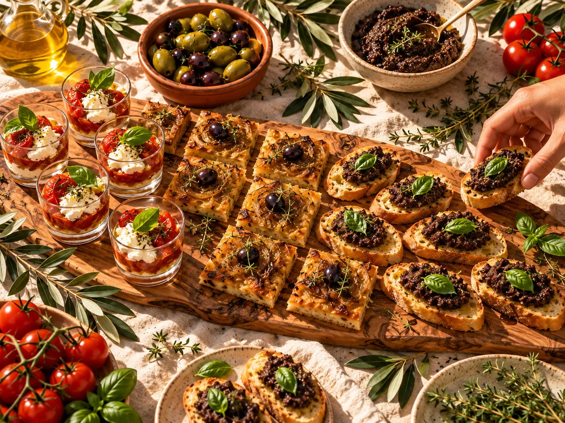 Bouchées provençales sur une planche en olivier : toasts à la tapenade, carrés de pissaladière et verrines de tomate et chèvre